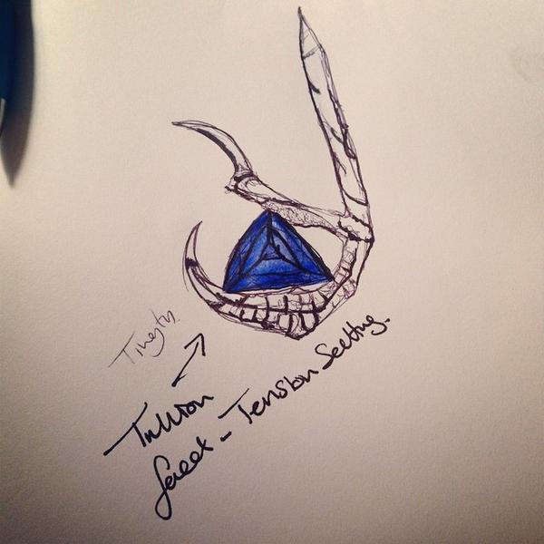 BethanyR_vcj's tweet image. Possible stone setting for the sparrows foot. Il have to give it a go. #tensionsetting #trillionfacet #jewelleryd...