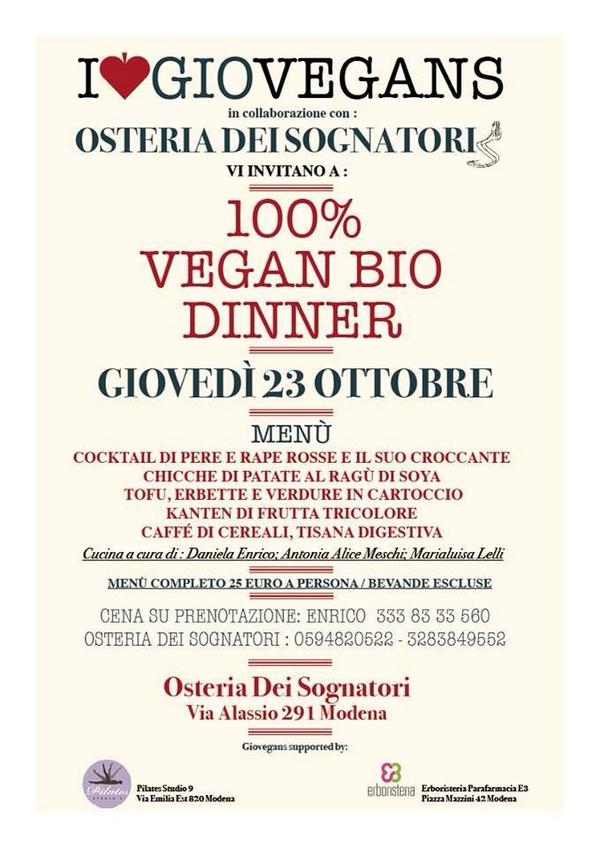 Giovedì 23 Ottobre Modena Cena 100% Bio-Vegan!!! Vi aspettiamo !!!