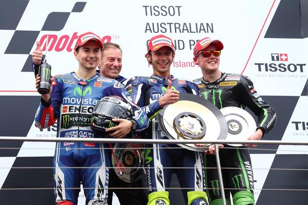 MonsterEnergy's tweet photo. It's a #MonsterEnergy @MotoGP podium sweep! Congrats to @ValeYellow46 @lorenzo99 &amp; @BradleySmith38! #Rossi250 http://t.co/eqHyAQOw1B