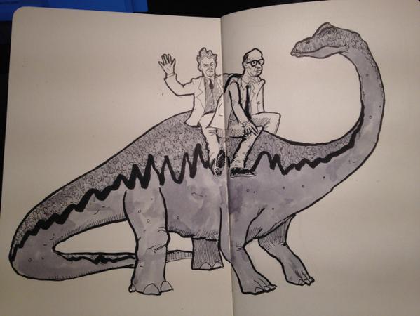 keatsandchapman's tweet image. #inktober day 19 - my son requests a diplodocus. Don't ask me why Philip Larkin &amp;amp; Kingsley Amis are riding it ...