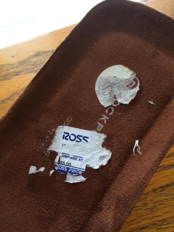 poemtree's tweet photo. @IGotItAtRoss - I will be returning these $50 shoes due to your impossible to remove price tags. #fail http://t.co/kyC12R9uRV