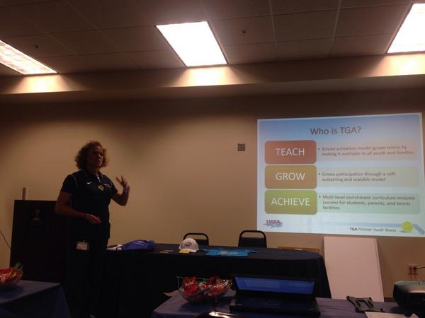 USTASoCal's tweet photo. Nancy Abrams speaking about @TGAyouthtennis and growing the tennis pipeline in Southern California. #CDW14 http://t.co/eEkJr9F1q5