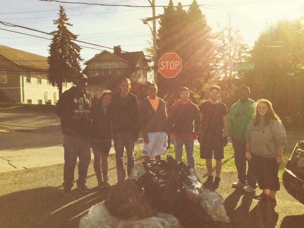 Students in <a href="/BuyLocalWVU/">Buy Local WVU</a> from <a href="/WestVirginiaU/">WVU Mountaineers · Let’s Go!</a> and community members from <a href="/WVFirst/">West Virginia First</a> came together for a cleanup today!