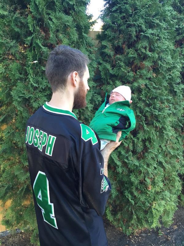 First #Rider #GameDay for little  #Weston Robinson. Got the old #kerryjoseph jersey out. #cfl #yxe #sask #green