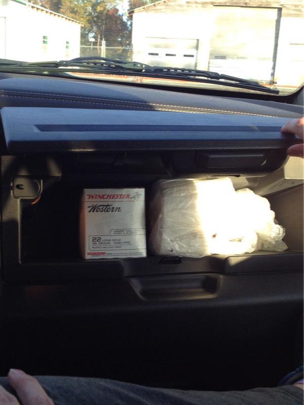 nikki_jo10's tweet photo. Opened Dad's glovebox and this is what I see... Bullets and toilet paper. #necessities http://t.co/PTOQpbkLwD