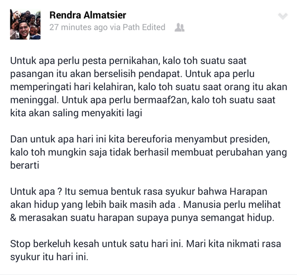RT <a href="/rayafahreza/">Raya Fahreza Wiguna</a>: Untuk apa ramai-ramai hari ini? Renungan manis dari sahabat, <a href="/RendraAlmatsier/">Denmas Dida</a>. #syukuranrakyat