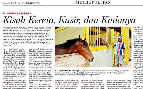 hariankompas's tweet photo. Hari yakin, kereta dapat berfungsi maksimal saat dipakai @jokowi_do2 dlm kirab budaya siang ini
#IndonesiaBaru #hal27 http://t.co/HgTtV3sS8f
