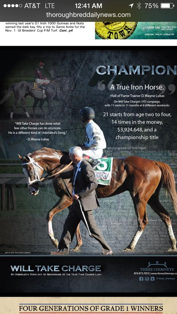 The ad in <a href="/theTDN/">TDN</a> for Will Take Charge at <a href="/Three_Chimneys/">Three Chimneys Farm</a> cc @gawilliamson