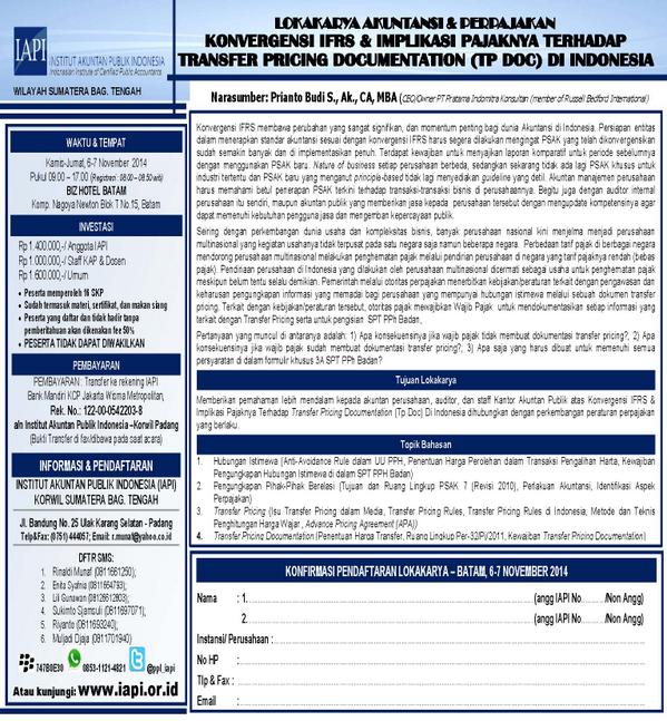 ppl_iapi's tweet image. Konvergensi IFRS &amp;amp; Implikasi Pajaknya terhadap Transfer Pricing Doc. di Indonesia. Batam, 6-7 November 2014.
