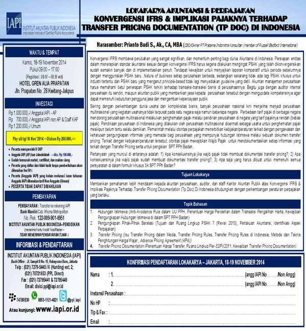 ppl_iapi's tweet image. Konvergensi IFRS&amp;amp;Implikasi Pajaknya terhadap Transfer Pricing Doc. di Indonesia. Jakarta, 18-19 Nov'14.