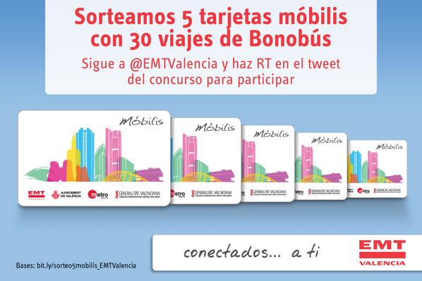 emtvalencia's tweet photo. CONCURSO - Haz RT y sigue a @EMTValencia y gana una de las 5 tarjetas Móbilis con 30 viajes de Bonobús que sorteamos http://t.co/xJthsH7BN4