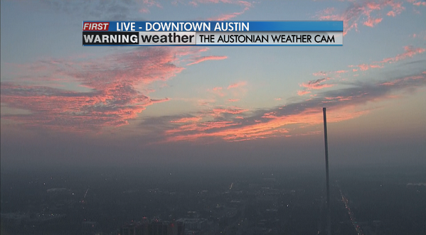 KXAN_Weather's tweet photo. The sky is on fire! Central Texas #sunrise from @theaustonian Weather Cam. #ATXweather #txwx http://t.co/6xRYlFmjw9