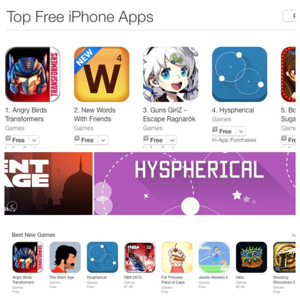 hysphericalgame's tweet photo. #Hyspherical is at the Top 4 Best Game &amp; ranked as Top 11 App overall in the Apple App Store. Download the game NOW! http://t.co/Ah784eVcXV