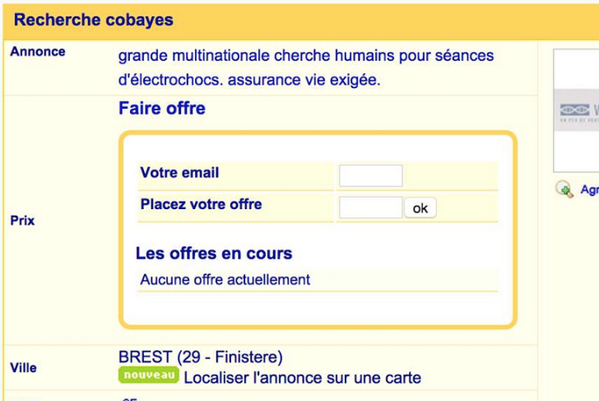 "Grande multinationale cherche humains pour séances d'électrochocs" #cobayehumain 😳 marche.fr/petite_annonce…