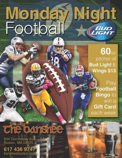 BansheeBoston's tweet photo. Monday Night Football Folks, Join Us For Great Beer, Wings &amp; Football Bingo http://t.co/M9rIgmsgJh
