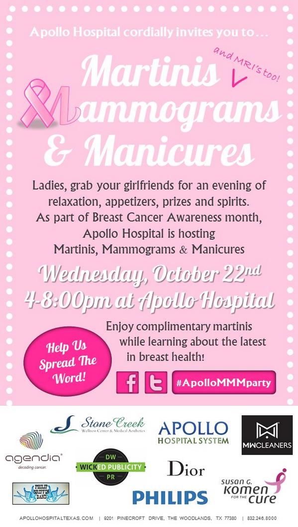 Don't miss out! <a href="/ApolloHospital_/">Apollo Hospital</a>'s Martinis, Mammograms &amp; Manicures Party is October 22nd from 4-8pm! #ApolloMMMparty