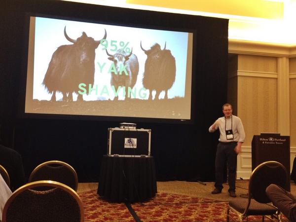 bratlander's tweet photo. Learning about yak shaving (and other useful things!) from @zvineyard #heweb14 http://t.co/vHtWr0Au3l