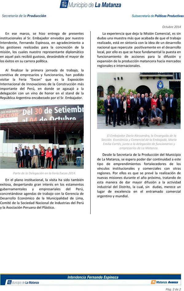 Gacetilla Misión Multisectorial La Matanza - Lima - Perú, Octubre 2014