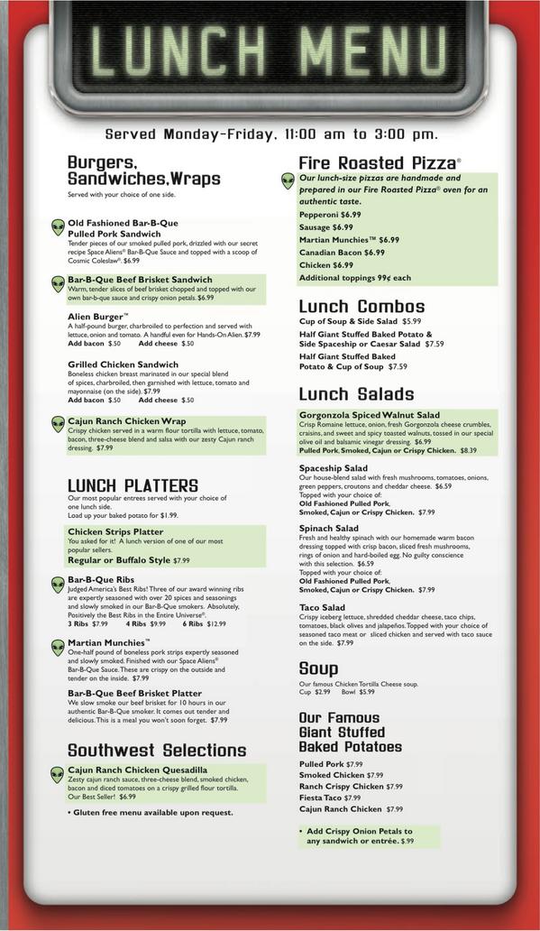 SpaceAliensND's tweet photo. Try us for lunch!Soups &amp; Salads,Sandwiches,Burgers,Wraps,Stuffed baked potatoes&amp;of course fire roasted pizza and BBQ! http://t.co/Q8eSsJSrvP