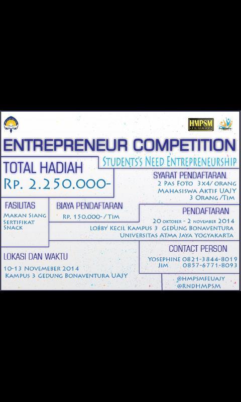 RndHmpsm's tweet photo. Perlombaan meliputi presentasi dan bazar, 1 tim terdiri dr 3 org.. blh dr uajy angkatan dn jurusan manapun lho http://t.co/TXarycXO4H