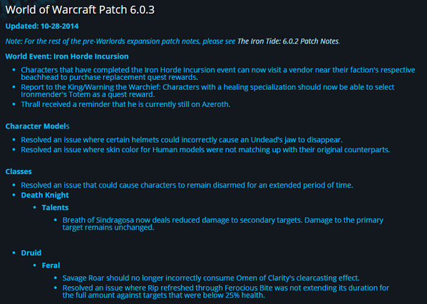 Wowhead's tweet photo. Official Patch Notes for patch 6.0.3 - check out the changes, buffs and nerfs!

http://t.co/ImwdMNGf60 http://t.co/21UZhlrYOJ