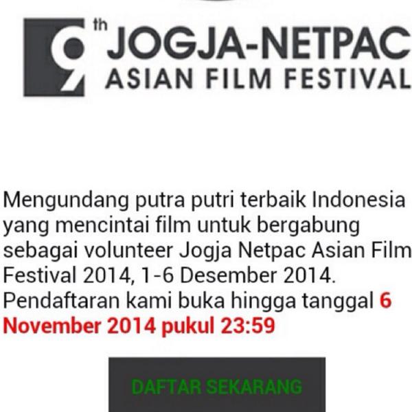 Telah dibuka pendaftaran untuk volunteer 9th JAFF 2014. Daftar di jaff-filmfest.org 🙏🙏
