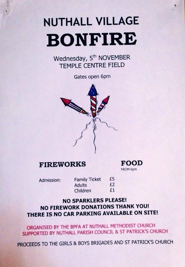 Nuthall village bonfire and fireworks, proceed to support <a href="/1stNuthallGB/">1st Nuthall GB</a> and our work with young people.