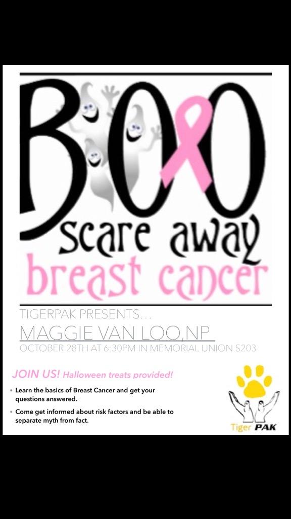 MUTigerPak's tweet photo. Tomorrow! Come out to our event SCARE AWAY BREAST CANCER! Memorial Union S203 | 6:30pm  @bowtieger http://t.co/C6XV341M6I