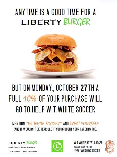 WTWHSBoysSoccer's tweet photo. Stop by @Liberty_Burger  in Forest tonight and mention "WT White" @WTWAthletics @DUBTforever @wtwclassof2014 http://t.co/Wi8ARmU8Uz
