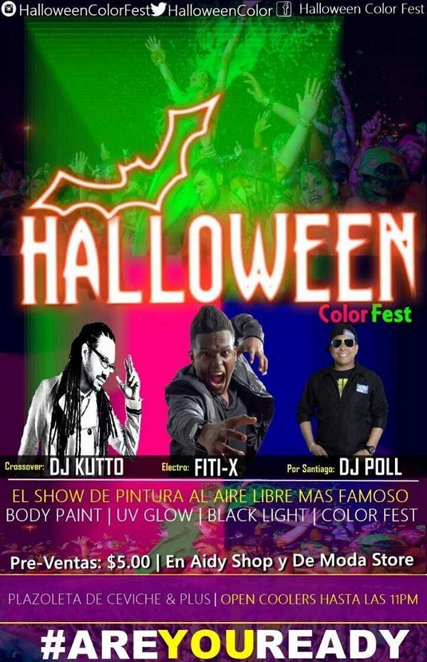 StgoMagazine's tweet photo. @HalloweenColor Fest. @djfitix @djpollpanama @DjKutto #Lluvia de Colores #OpenCooler hasta las 11pm. Taquilla 6pm http://t.co/SkC61Uet7b