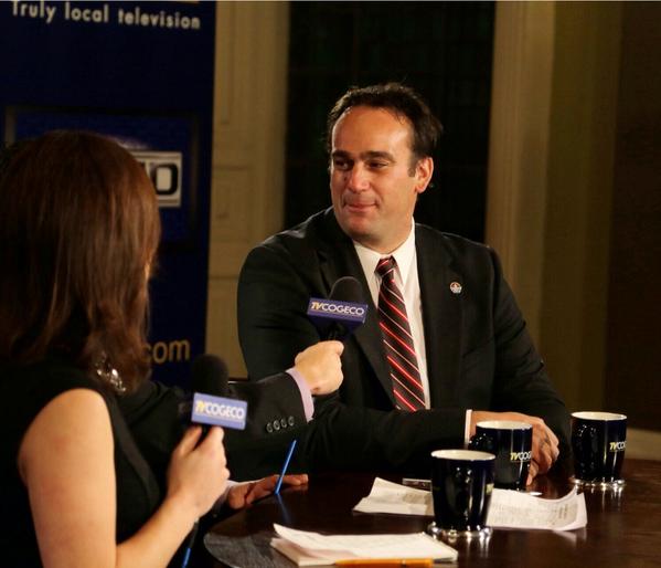.<a href="/IanMacAlpine/">Ian MacAlpine</a>: Soon to be former mayor <a href="/MayorOfKingston/">Mayor Mark Gerretsen</a> being interviewed on Cogeco at City Hall tonight.  #ygk