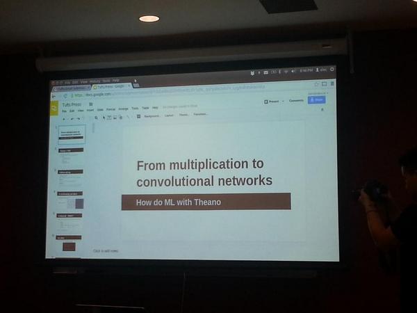 vivsable's tweet photo. 9pm machine learning with #theano meetup at #tufts. http://t.co/FcsfkSv2IU