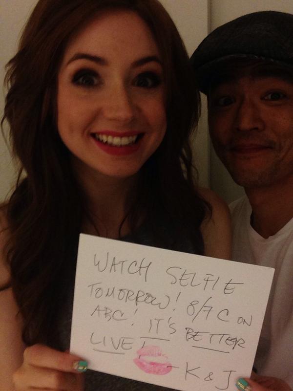 JohnTheCho's tweet photo. @KarenGillan2 and I are ready for tomorrow! #SelfieABC http://t.co/frZxo8vzhY