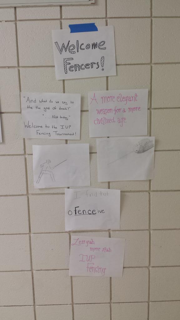 iupfencingprobs's tweet photo. Some of the iconic signs from the tournament last Sat!  So proud of all the fencers who helped out &amp; participated. http://t.co/hw9b1xeIgY