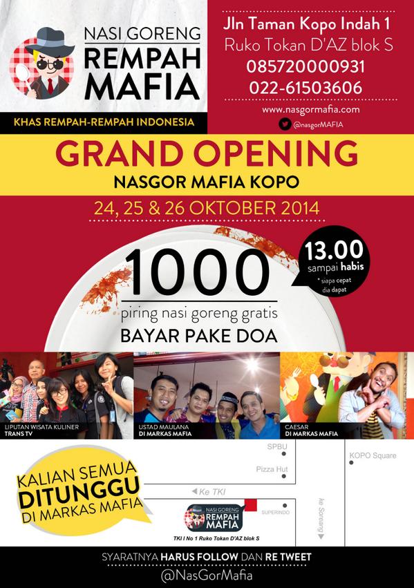 Kuliner_Bandung's tweet photo. Grand Opening Nasgor Mafia Kopo, 1000 piring gratis bayar pake doa. Follow dan RT @nasgormafia  http://t.co/gZN03F4AGi