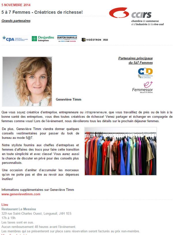 GeneviveTimm's tweet photo. Soirée réseautage, j'y donnerai des trucs pour passer du bureau au 5 à 7! Allez venez donc!
http://t.co/Rr0916GQLp http://t.co/TA6qrZUeYQ
