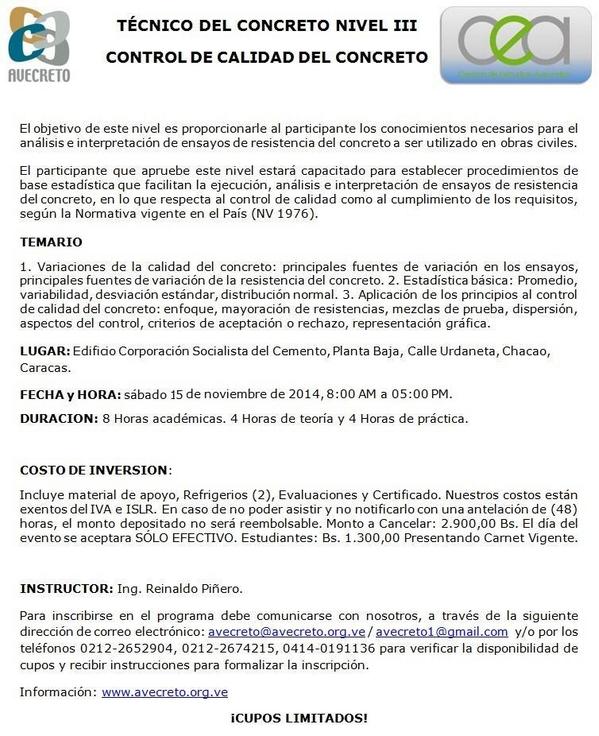 AVECRETO's tweet image. @AVECRETO  invita al Curso TÉCNICO DEL CONCRETO
NIVEL III Sabado 15 de Noviembre de 2014 se adjunta mayor información