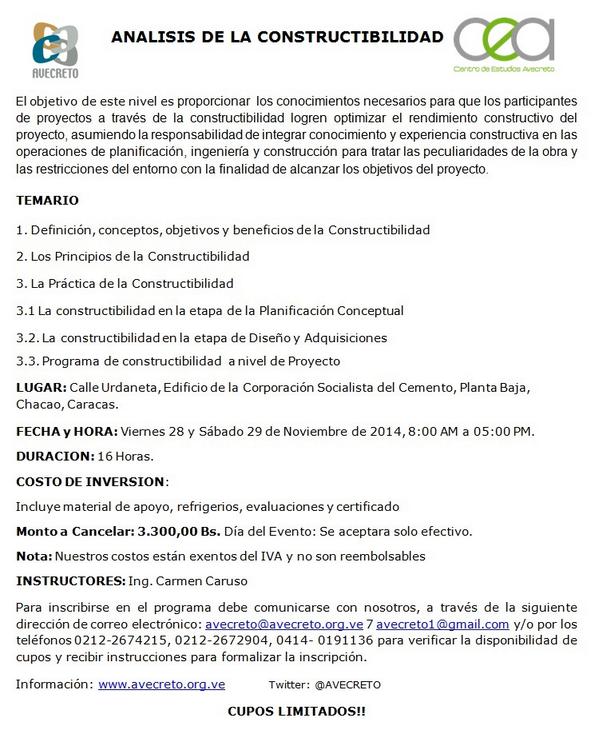 AVECRETO's tweet image. @ AVECRETO  invita al Curso Análisis de Constructibilidad Viernes 28 y Sábado 29 de Noviembre se adjunta  información