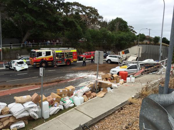 abcsydney's tweet photo. The scene of the truck accident in Dee Why, cnr Pittwater and Warringah Rds. Traffic is backed up in all directions. http://t.co/AOwqw3qdqg