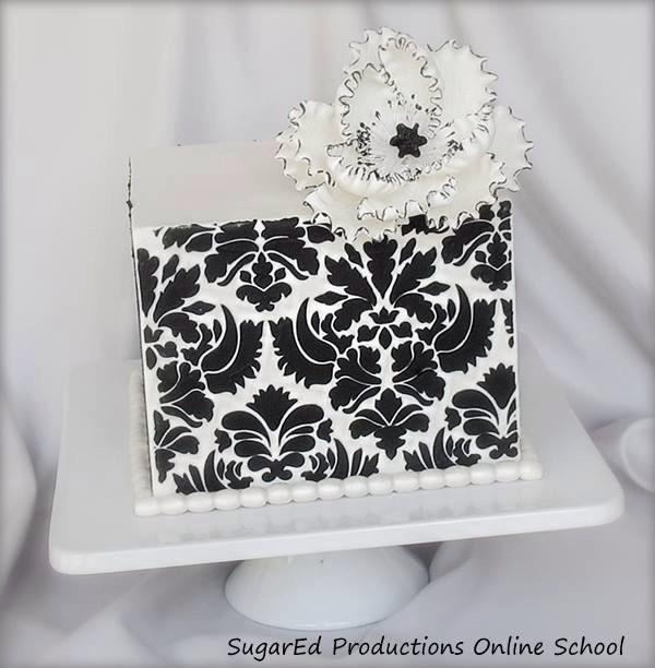 SugaredProd's tweet photo. Take a guess! Fondant cake or buttercream? Stencil or mold for the damask? Go! http://t.co/vjHX3qy9Xq