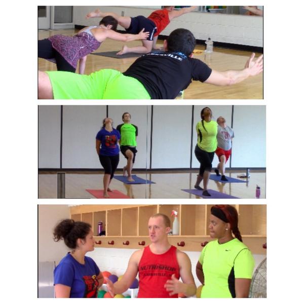 austinsangelsap's tweet photo. Our host doing a little yoga with David Owen for our "Foy Fitness Fanatics" piece airing TOMORROW at 5. #APSUTV #Yoga http://t.co/8SE0VfnnXv