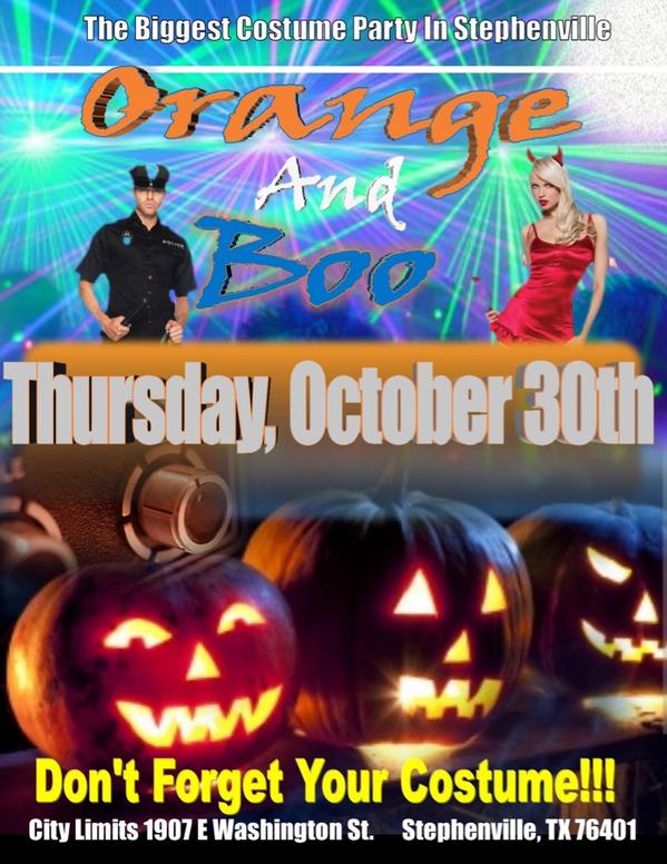 tarleton_kdr's tweet photo. Orange &amp; Boo, biggest costume party in Stephenville, Thursday October 30th at @CityLimitsTexas! http://t.co/5S3F35qfcl