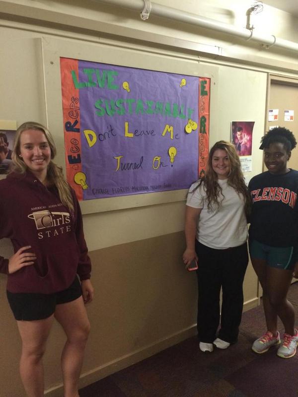 CU_EcoReps's tweet photo. Clemson House EcoReps Miranda, Mikayla, and Sadé made a billboard on the 3rd floor about turning lights off! http://t.co/hjVUBgUYp0
