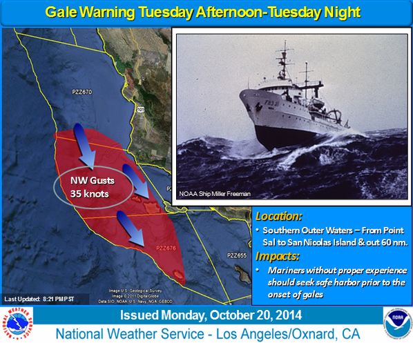 NWSLosAngeles's tweet photo. Gale Watch for outer waters for Tuesday afternoon and night has been upgraded to a Gale Warning. #CAwx #SoCal http://t.co/XFUzwPptrc