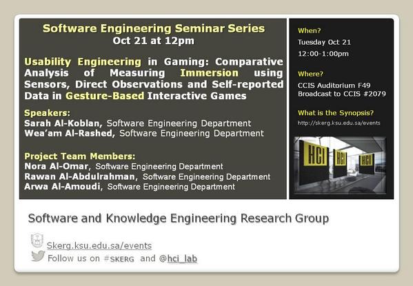 HCI_Lab's tweet image. Today at 12pm in 6F49
#SKERG Seminar on Usability Engineering of Interactive Games

#KSU_SWE #KSU_CS 
#KSU_IT #KSU_IS