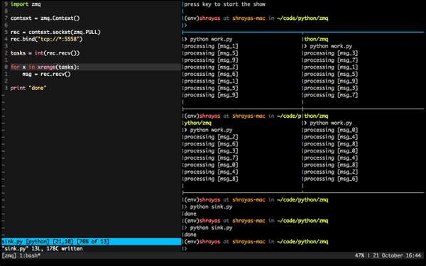 shrayasr's tweet image. #Tmux - The perfect environment to try out #zeromq :D