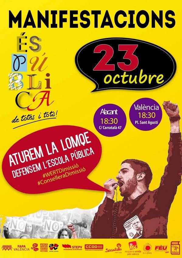 VolemMes2019's tweet photo. Trau l' agenda i apunta!El dijous tenim una cita als carrers d València i Alacant#NoaLaLOMQE #DefensemL'EscolaPublica http://t.co/wYdmOSeM9e