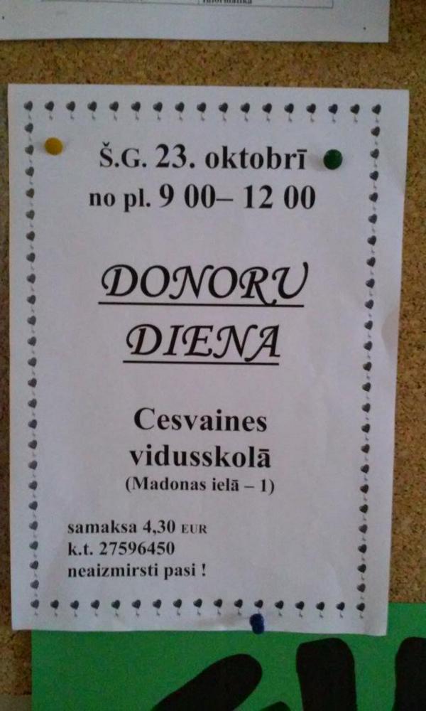 Šo ceturtdien donoru diena. Ikkatrs varam palīdzēt!