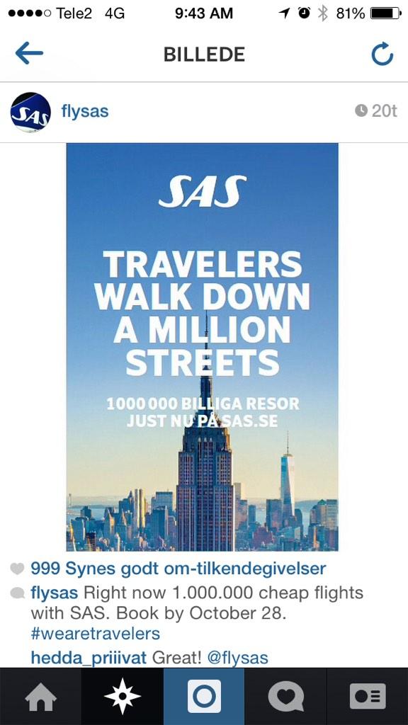 <a href="/ScandinavianAir/">SAS</a>: Now 1.000.000 chep flights with SAS  Book by October 28 #wearetravelers #SAS pic.x.com/quVRTYg5VN