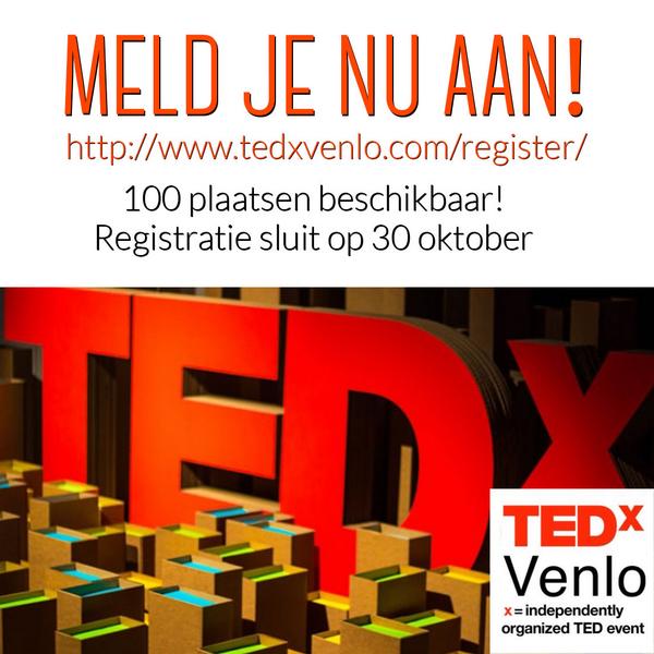 De registratie is geopend! Meld je nu aan voor het TEDxVenlo evenement op 14 november. bit.ly/1opaBnU